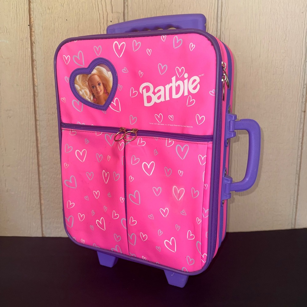 Vintage 1995 Barbie Rolling Suitcase Hearts Travel Luggage Carry-On Case Mattel